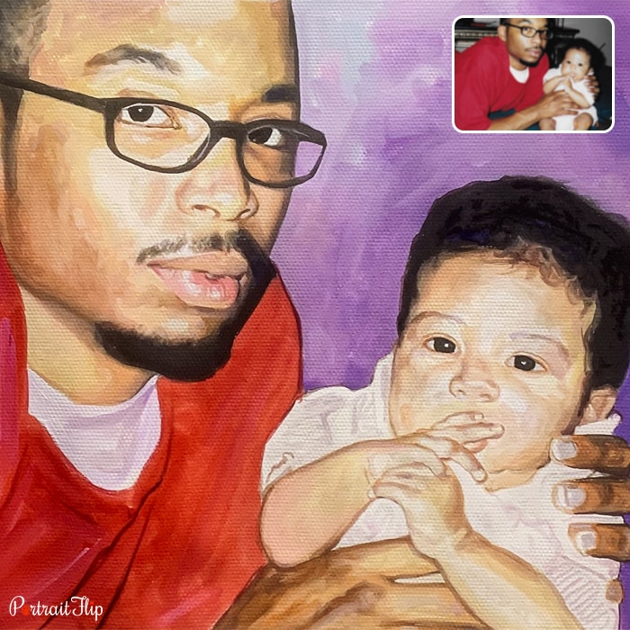 A watercolor vintage portraits that showcase a man with a newborn baby in his hands